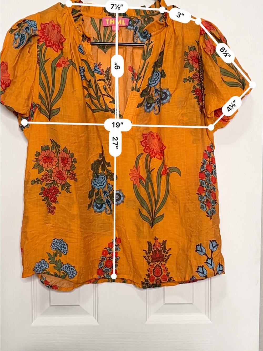 THML Orange Floral Paisley Boho Split Neck Puff Sleeve Blouse XS - Picture 5 of 5